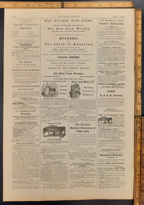Antique ads: Mildred or the child of adoption by Mrs. Mary J. Holmes, cataract washing machine, revolving ventilating refrigerator and Salt River distilleries Pure Kentucky bourbon. Original Antique print from 1860.