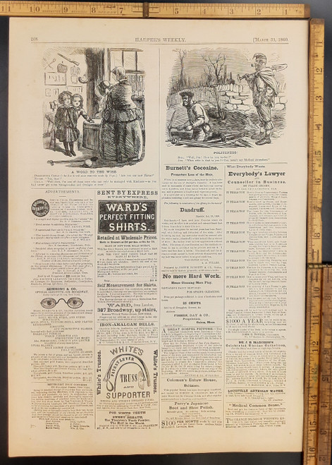 Antique ads: Perrys, Japanese boot and shoe Polish, burnetts cocoaine for hair loss prevention and Semmons & Co Optical Institute. Humor: a word to the wise, child talking to a nurse and a man digging a hole. Original Antique print from 1860.