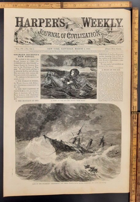 Loss of the steamship Hungarian off Sable Island, Nova Scotia bound for Portland, Maine February of 1860. A night on the ice, the escape from death, a woman riding a horse in icy waters. Original Antique print from 1860.