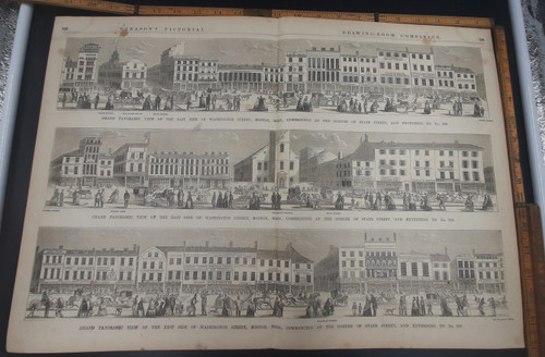 Grand Panoramic view of the East side of Washington St, Boston, Mass, commencing at the corner of State Street, and extending to #206. Original Extra Large Antique wood engraved print from 1853.