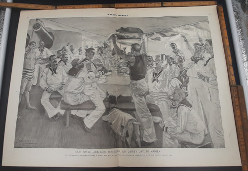 Our brave Jack-tars feasting, on Dewey Day, in Manila. The anniversary of the famous victory in Manila Bay, May 1st, will for all time be a festival on board our fighting ships of war. Original Extra Large Antique print from 1900.