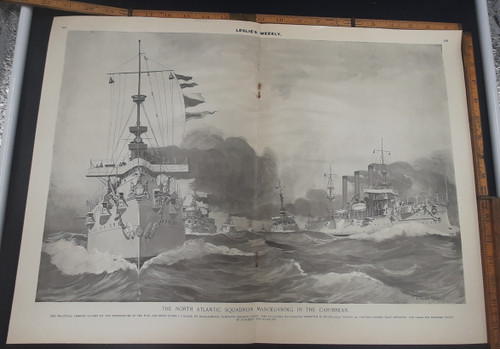 The North Atlantic Squadron maneuvering in the Caribbean. Practical lessons taught by the experiences of the war are being rigidly utilized by Rear Admiral Sampson's imposing fleet. Original Extra Large Antique print.