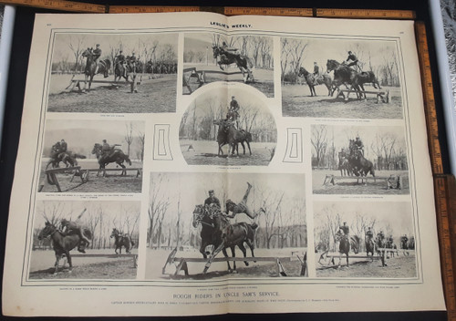 Rough Riders in Uncle Sam's service. Military men doing stunts with horses: making a pyramid on two horses, jumping from one force to another and a flying leap. The 6th Cavalry at West Point. Original Antique print.