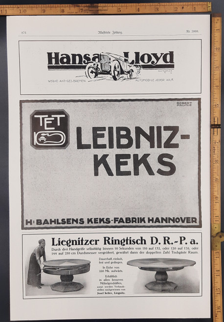 Ads for Hansa Lloyd automobile, Leibniz Cakes and Liegnitz ring table. Original Antique German print from 1916.