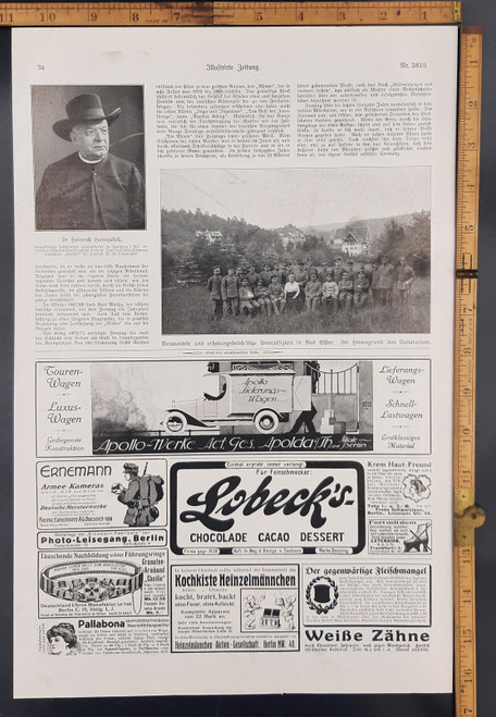 Ads for Lobeck's chocolate dessert, Ernemann army cameras and Apollo delivery wagons. German Catholic priest Dr. Heinrich Hansjakob. Wounded officers in need of rest in Bad Elster. Original Antique German World War One print from 1916. WWI WW1