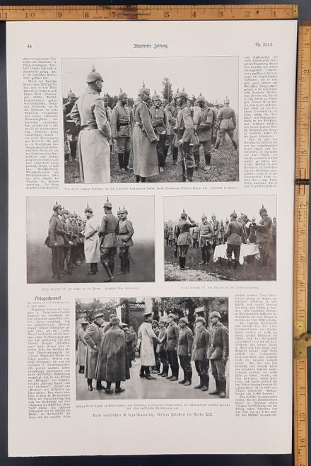The Emperor of Germany Wilhelm II awarding iron crosses. Leopold the 4th at the front. King Ludwig  III of Bavaria. Duke Ernest August of Brunswick. Original Antique WWI print of photos from 1916.