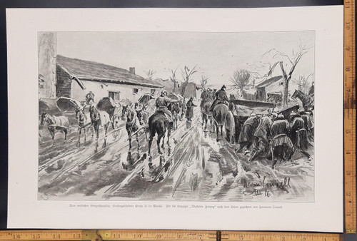 Stuck military wagons in La Marche France. Art by Hermann Sourell. Original Antique WWI print from 1916.