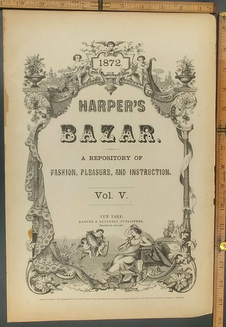 Harper's Bazar(Bazzar) with Cherubs. Original Antique Engraving 1872.