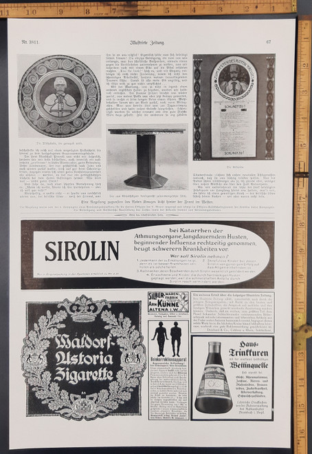  Ads for Sirolin, Waldorf Astoria Cigarette and Trinffuren. Original Antique German World War One print from 1916. WWI WW1