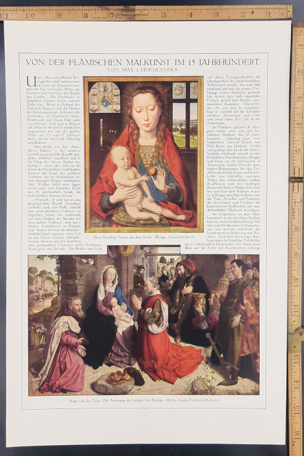 Mary meets the kind by Hans Memling. The Adoration of the Magi by Hugo van der Goes. Original Antique German World War One print from 1917. WWI WW1