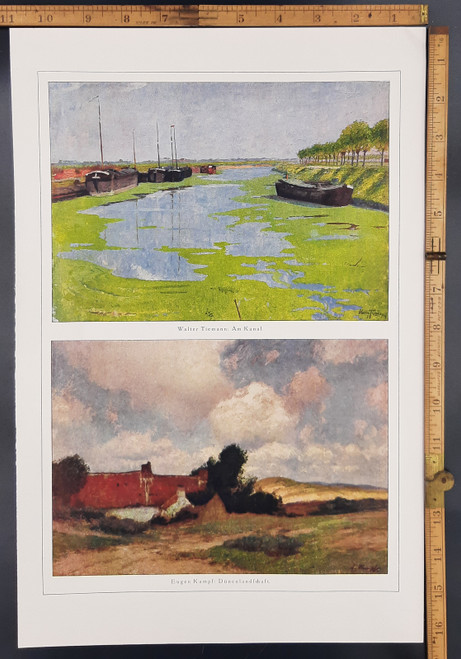 On the canal by Walter Tiemann. Dune landscape by Eugen Kampf. Original Antique German print from 1917. 