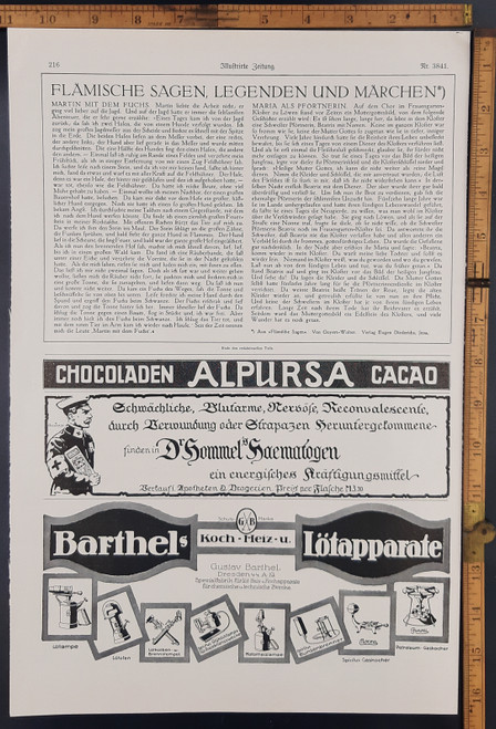 Large ad for Alpursa Chocolate. Barthel's special factory. Original Antique German World War One print from 1917. WWI WW1