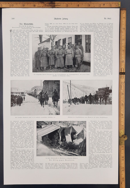 The Bulgarian general Stefan Mikhailov Nerezov. A German regiment marches into a conquered Romanian town. Men in the dugout in the snowy forest. A team of pack mules. Original Antique WWI print from 1917 made of photos. 