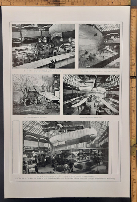 German aircraft on display in Berlin at the Zoological Gardens Exhibition Hall. A captured Russian air balloon. The French airship L'Alsace. A crashed plane. Original Antique WWI print from 1917 including photos.