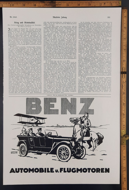 Ad for Mercedes-Benz automobile and airplane engine. A nice old car, Biplane and soldier on a horse. Original Antique German World War One print from 1917. WWI WW1