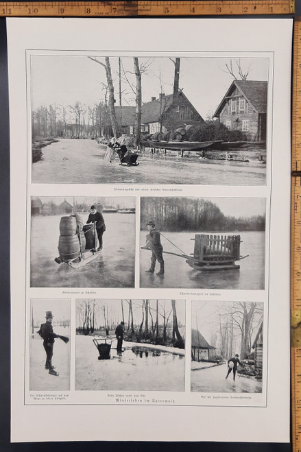 Winter life in Spreewald: Kegs of beer transported on a small sleigh, pig transported across the ice in a sled, chimney sweep skating to his job,  fishing hole and pushing a woman down the frozen canal. Original Antique print from 1917 with photos.