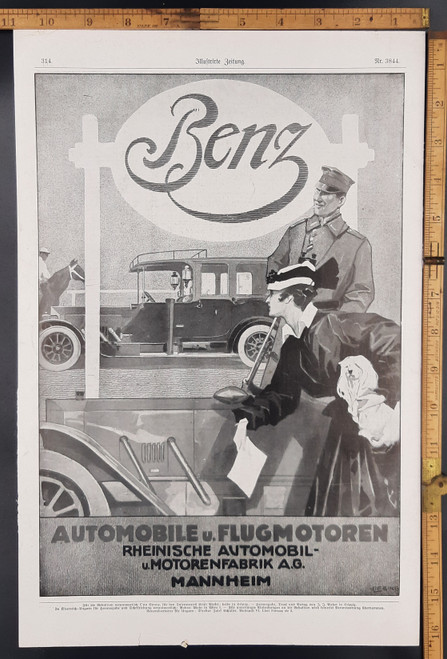 Full page Ad for Mercedes-Benz With a horse in the background and a lady holding a dog next to a Military man In uniform. Original Antique German World War One print from 1917. WWI WW1