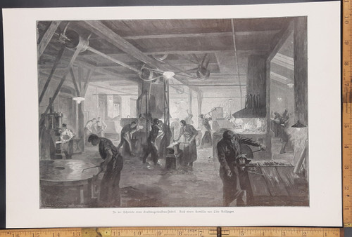 Men working at a forge and other similar jobs in a vehicle body factory. After a painting by Otto Bollhagen. Art drawing  by Alfred Liebing. Original Antique German World War One print from 1917. WWI WW1