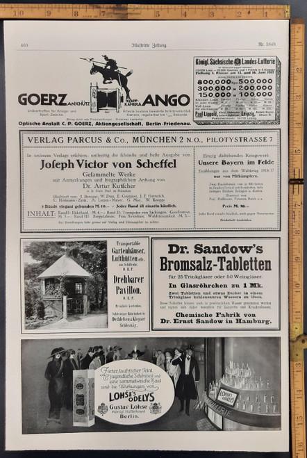 Ads for: Gorez folding camera, D.R.P. garden house, Dr. Sandow's tablet and Lohse's Odelys. Original Antique WWI print from 1917 including photos.