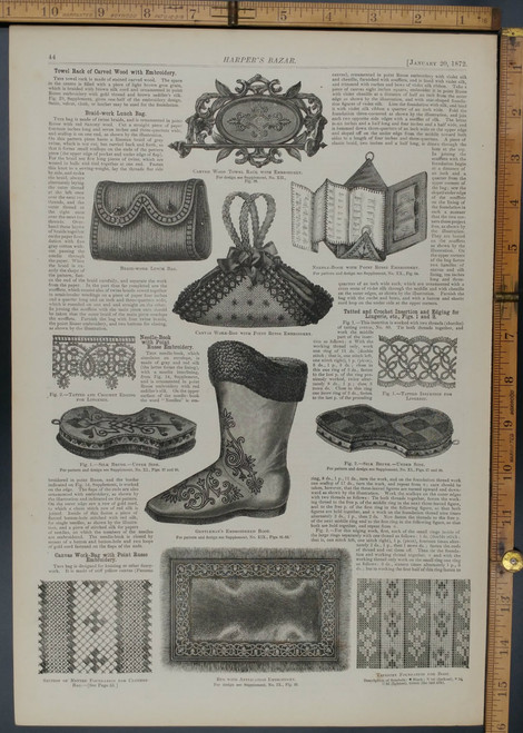 Gentlemens embroidered boot. Silk Brush. Canvas Work-Bag with Point Russe Embroidery. Original Antique Engraving 1872.