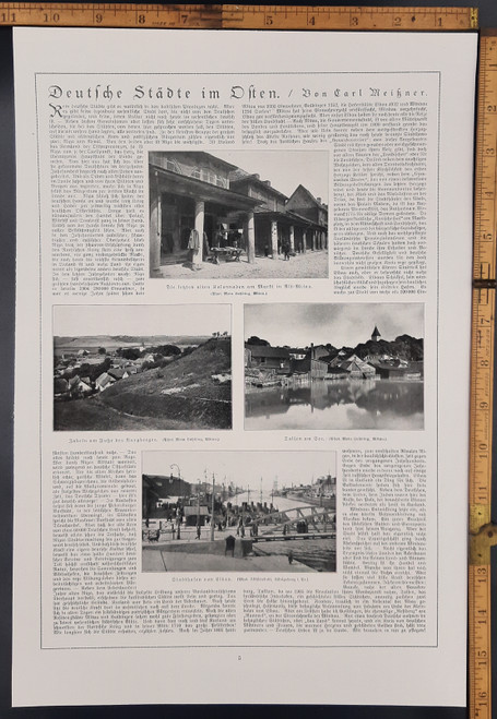 The market at Alt-Mitau. The city port of Lebanon. Zebeln at the foot of Castle Hill. An article on German cities in the east by Carl Meissner. Original Antique print from 1918 including photos.