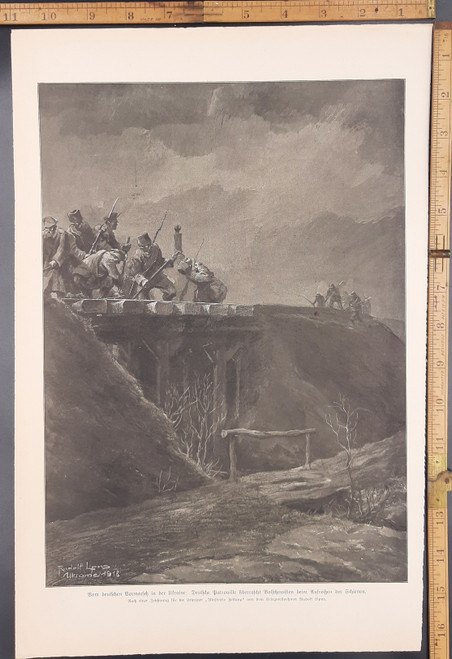 German advance in Ukraine: German patrol surprise the Bolsheviks that were tearing open the railway tracks, art by Rudolf Lipus. Original Antique German World War One print from 1918. WWI WW1