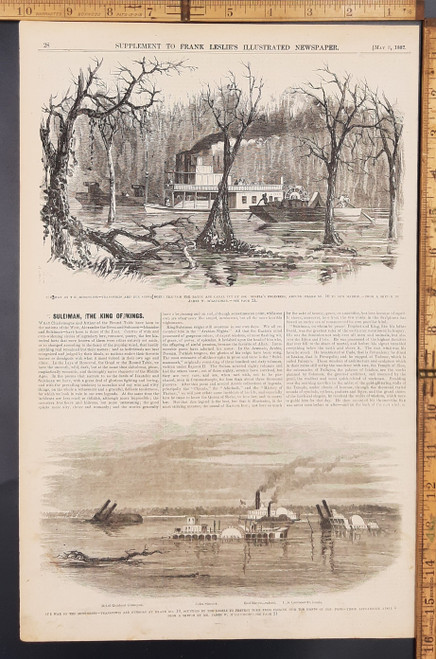 War in Mississippi: Transports and gunboats going through the Bayou and Canal around islands number 10 to new Madrid. Boats scuttled by the rebel army: John Simons, Red Rover and Grampus. Original Antique Civil War engraving print from Leslie's 1862