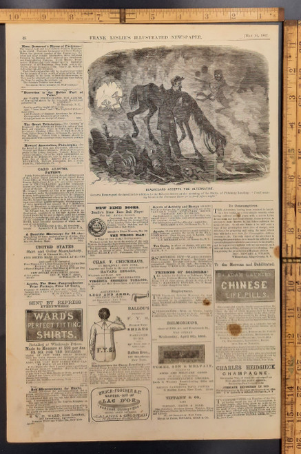 Beauregard accepts the alternative. I will water my horse in the Tennessee River or in hell before night. Ads: Artificial legs and arms and Charles Heidsieck Champagne. Bones skulls and demons. Original Antique Civil War engraving from Leslie's 1862.