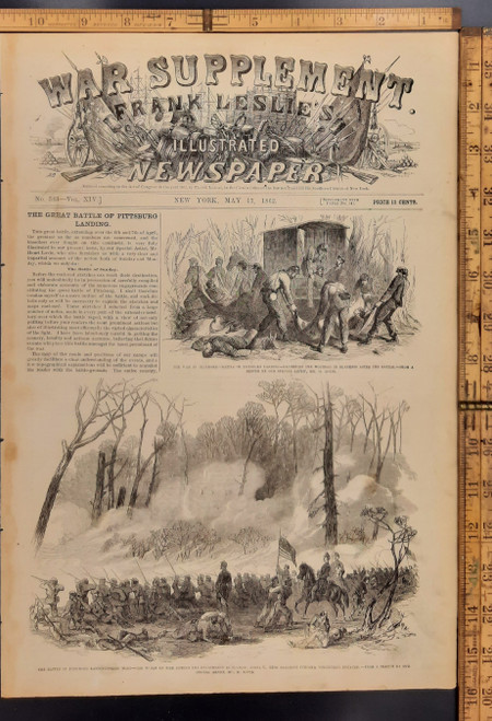 The Battle of Pittsburgh Landing. Gathering the wounded men in blankets after the battle. The 44th regiment Indiana volunteers engaged in battle in the woods. Original Antique Civil War engraving print from Leslie's 1862.