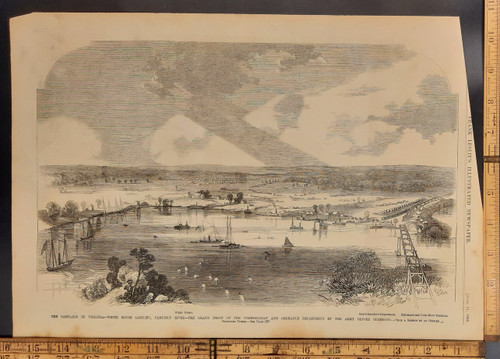 The campaign in Virginia, White House landing, a Pamunky River. The Grand Depot of the commissariat and ordinance Department of the army before Richmond. Original Antique Civil War engraving print from Leslie's 1862.