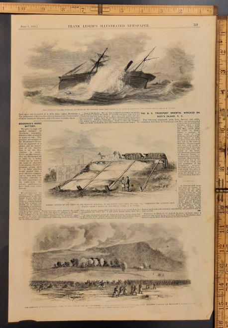 US transport Oriental wrecked on Body's Island, North Carolina. A canon battery erected by the rebels on Gosport Navy Yard, Norfolk, VA. Jackson's army marching through the rain. Original Antique Civil War engraving print from Leslie's 1862.