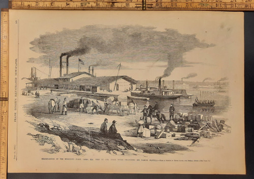 Headquarters of the Mississippi Fleet Cairo, Illinois used by Commodore Foote while organizing his famous flotilla. Side wheel paddle steamers on the river. Original Antique Civil War engraving print from Leslie's 1862.