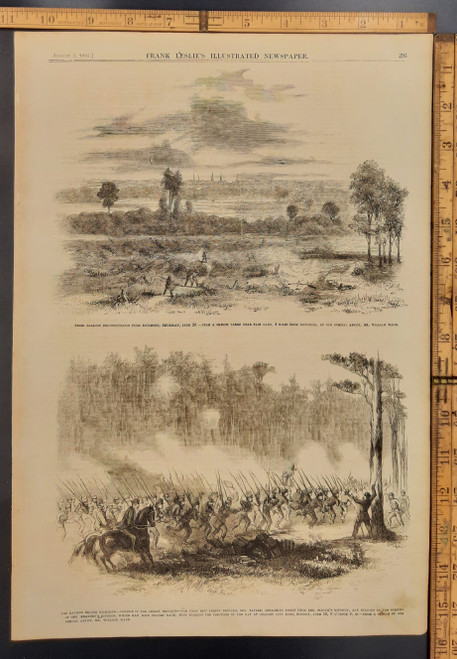 Rebel balloon reconnaissance from Richmond, From a sketch taken near Fair Oaks. Charge of the first New Jersey Brigade under General Taylor. Battle of Charles City Road. Original Antique Civil War engraving print from Leslie's 1862.
