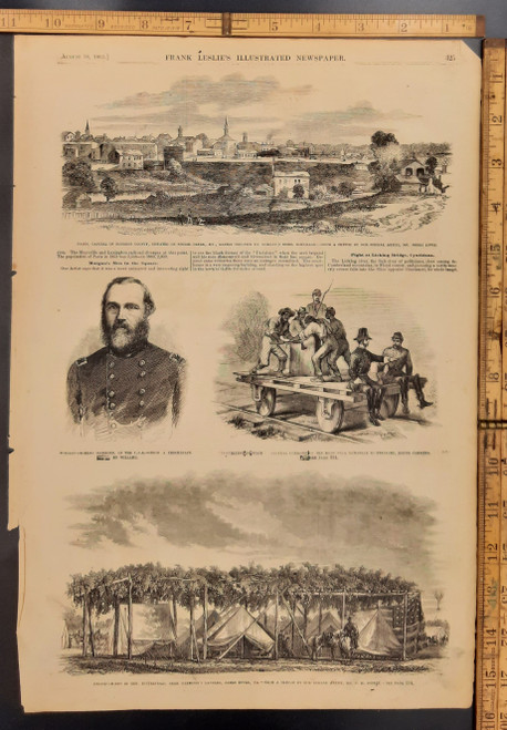 Paris capital of Bourbon County on Stoner Creek, KY, occupied by Morgan. Surgeon General Hammond. General Ambrose Everett Burnside from New Bern to Beaufort, NC on a handcar. Original Antique Civil War engraving print from Leslie's 1862.