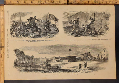 Fortifications at St Louis MO. Lieutenant Hammond capturing Colonel Avery of South Carolina. Assassination of two union pickets at Washington, NC, by rebel guerrillas. Original Antique Civil War engraving print from Leslie's 1862.