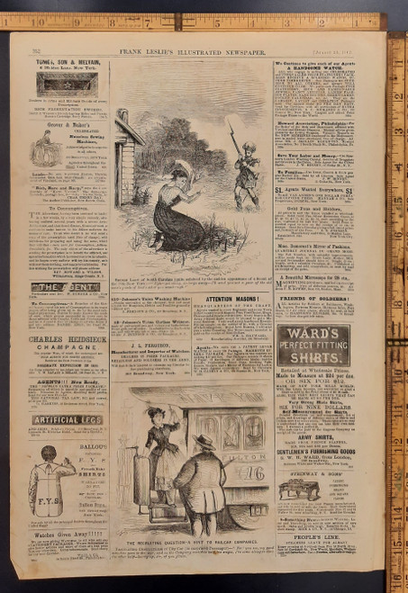 Political cartoon: Secesh Lady of South Carolina. The recruiting question, a hint to railcar companies. Ads: Attention Masons and Sparrow's London Washing crystals. Original Antique Civil War engraving from Leslie's 1862.