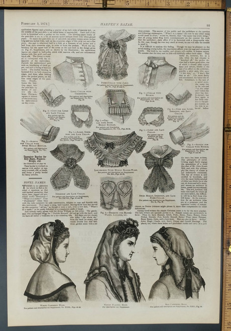 White Cashmere and Violet Flannel hoods. Fancy linen and lace collars. Original Antique Print 1872.