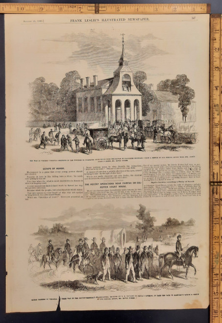 Bringing the wounded to Culpeper Courthouse from the Battle of Slaughter Mountain. Farmers of Virginia on their way  escorted by US. Calvary to take the oath of allegiance. Original Antique Civil War engraving print from Leslie's 1862.