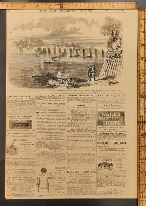 Town of Decatur, Alabama, ruins of the railroad bridge over the Tennessee River, destroyed by order of General Mitchell. Ads for Grover and Baker's  sewing machine and Steinway and sons piano. Original Antique Civil War engraving from Leslie's 1862.