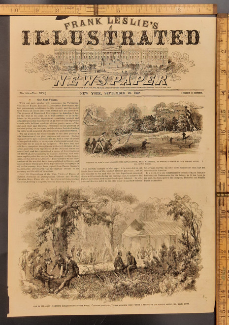 Life in the army, gambling establishment in the woods outside the lines, near Memphis, TN. Soldiers of John Pope's army crossing the Rappahannock, near Warrenton, Virginia. August 1862. Original Antique Civil War engraving print from Leslie's 1862.