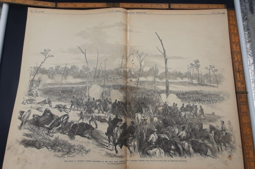 The Battle of Pittsburg landing engagement on the right wing, General Lewis Wallace Division. Original Antique Civil War engraving print from Leslie's 1862.