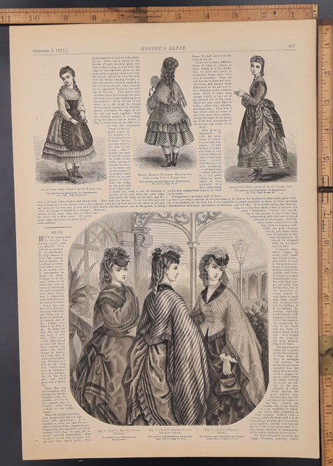 Ladies Beaver cloth Mantle and ribbed cloth dolman. Apron the girl from 10 to 12 years old. Article on the color blue and fashion. Original Antique engraving from Harper's Bazaar 1872.