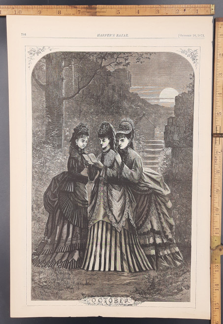 Artistic rendition of the month of October. Three women wearing dresses gathered in the Moonlight, reading. Original Antique engraving from Harper's Bazaar 1872.