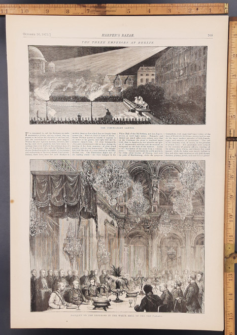 The three emperors at Berlin. The torchlight tattoo. Banquet to the Emperor's in the White Hall of the old palace. Original Antique engraving from Harper's Bazaar 1872.