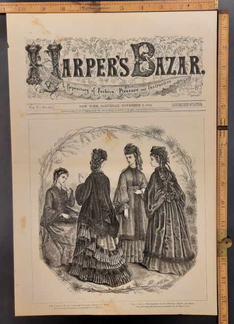 Women wearing a black Kashmir paletot and fur trimmed cloth mantle. Original Antique engraving from Harper's Bazaar 1872.