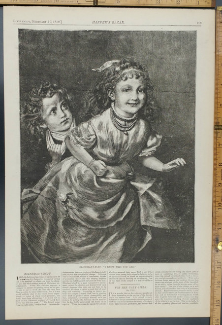 Blimndman's Buff I know who you are, a game for children. Happy young girl. Original Antique Print 1872.