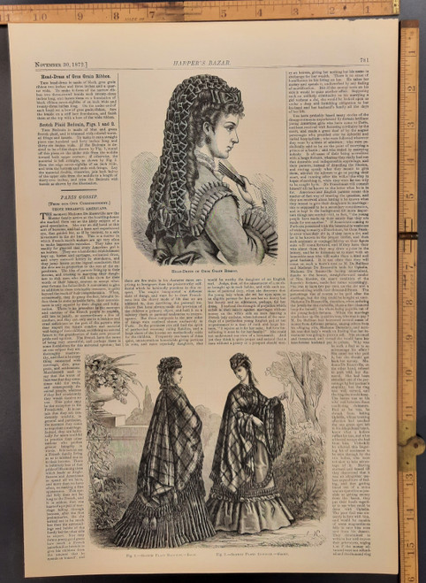 A lady wearing a head dress of gros grain ribbon. Woman in a Scotch Plaid Bedouin. Paris gossip article entitled those dreadful Americans. Original Antique engraving from Harper's Bazaar 1872.