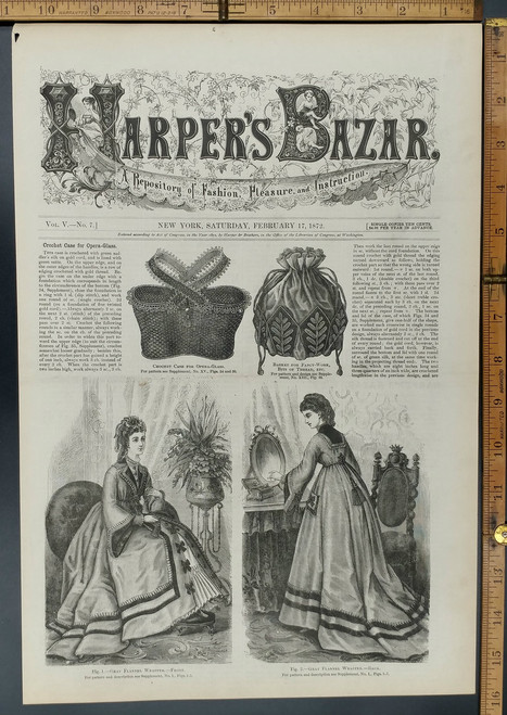 Crochet case for opera glass. Victorian lady wearing a grey flannel wrapper. Original Antique Print 1872.