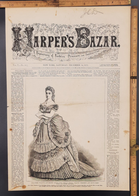 Full dress toilette low necked basque with grecian Bertha, trained over-skirt and round skirt. An elegant Parisian dress. Original Antique engraving from Harper's Bazaar 1872.