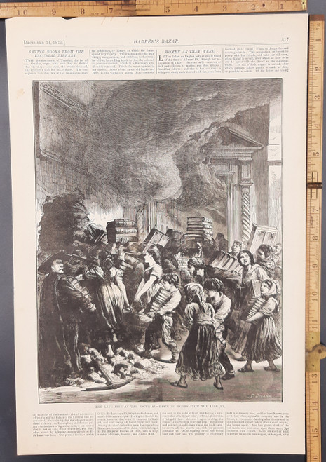 The late fire at the Escurial, rescuing books from the library. Men women and children carrying large loads of books to save them from a fire.Original Antique engraving from Harper's Bazaar 1872.
